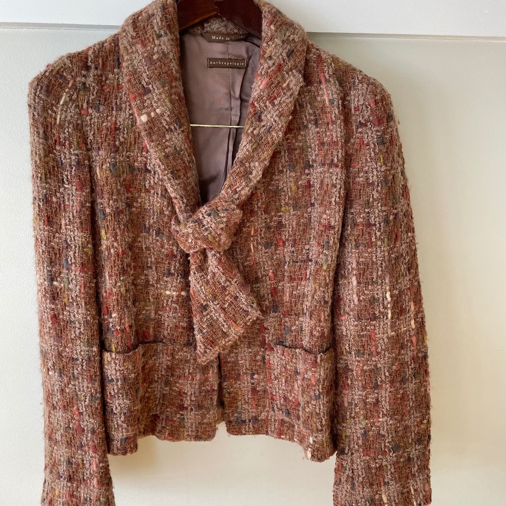 Anthropologie Tweed Tie-Neck Blazer Jacket | Made in Italy l size 2